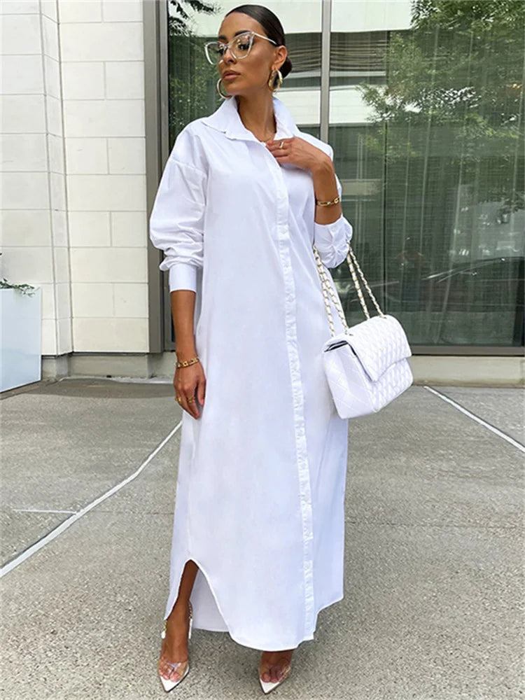 Women Loose Casual Kaftan   Shirts  Solid  Sleeve Lapel Single-breasted  Female Vestidos