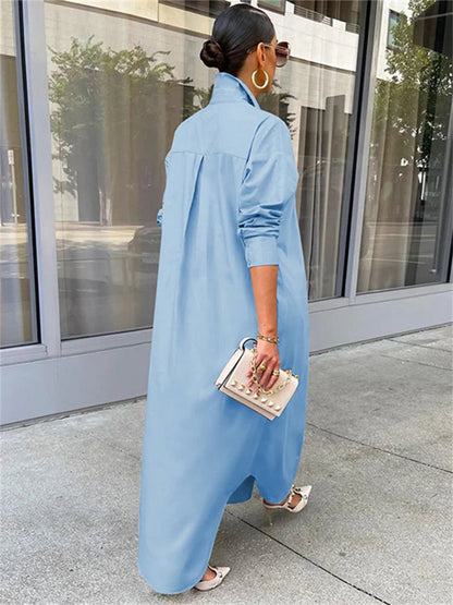 Women Loose Casual Kaftan   Shirts  Solid  Sleeve Lapel Single-breasted  Female Vestidos