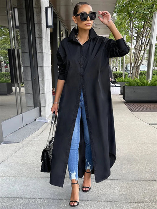 Women Loose Casual Kaftan   Shirts  Solid  Sleeve Lapel Single-breasted  Female Vestidos