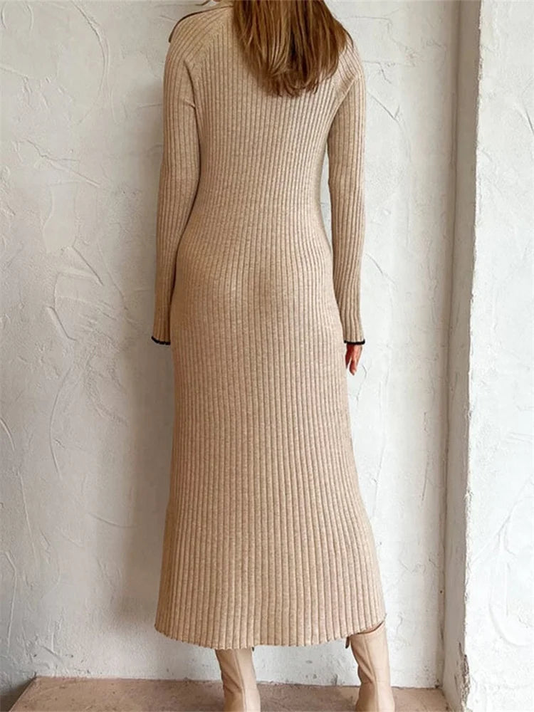 Women Ribbed Knitted   Flare Sleeve Lapel Solid Color Party Going Out Female Vestidos Streetwear