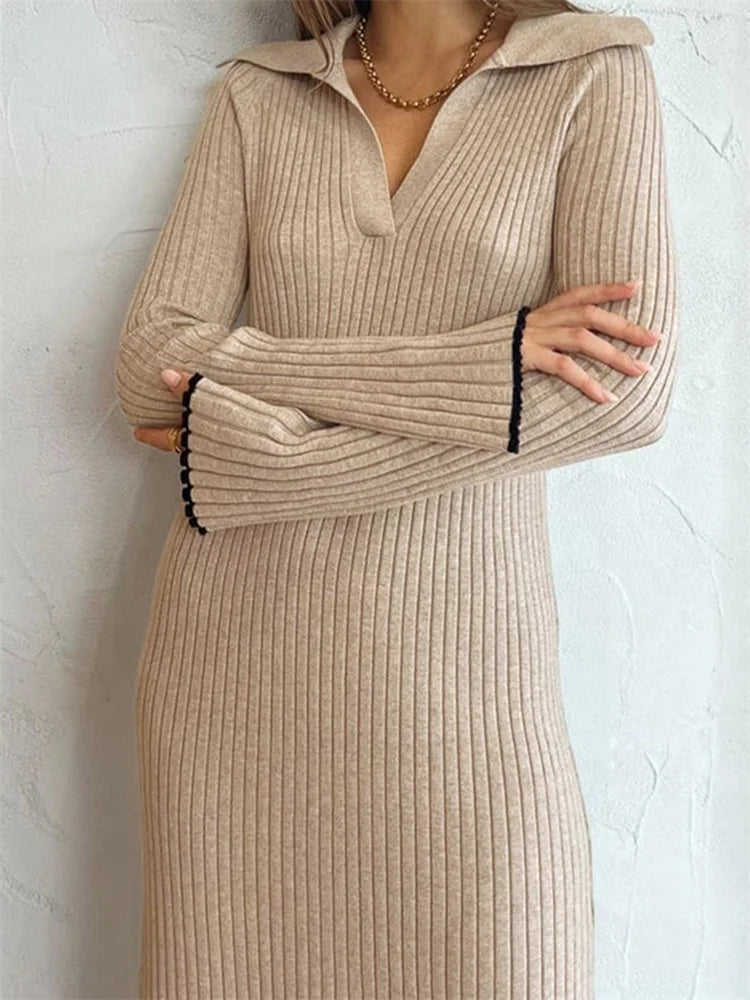 Women Ribbed Knitted   Flare Sleeve Lapel Solid Color Party Going Out Female Vestidos Streetwear