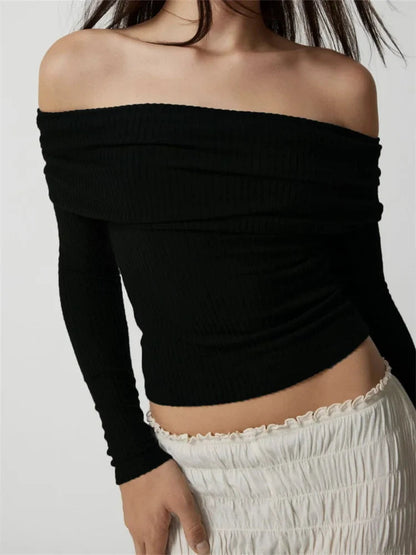 Ribbed Slash Neck Off Shoulder  Casual Long Sleeve  T-Shirts