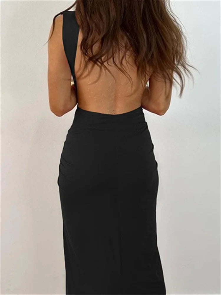 Women Sexy High Split  Sleeveless Deep V-neck Backless Ruched Summer Elegant Party Clubwear Vestidos