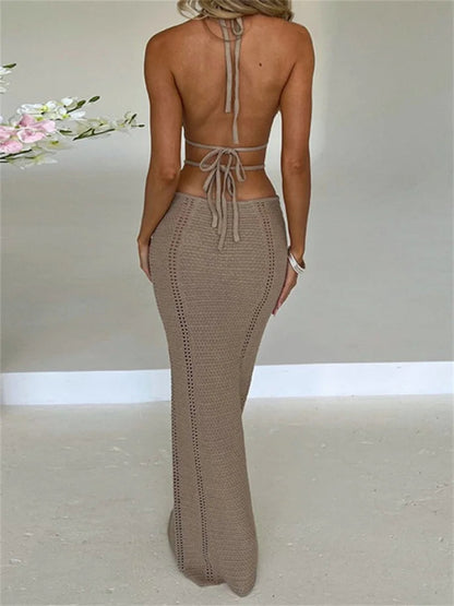 Women Sexy Knitted Cut Out Spaghetti Strap  Halter Backless Club Party Y2K Female Vestidos Streetwear