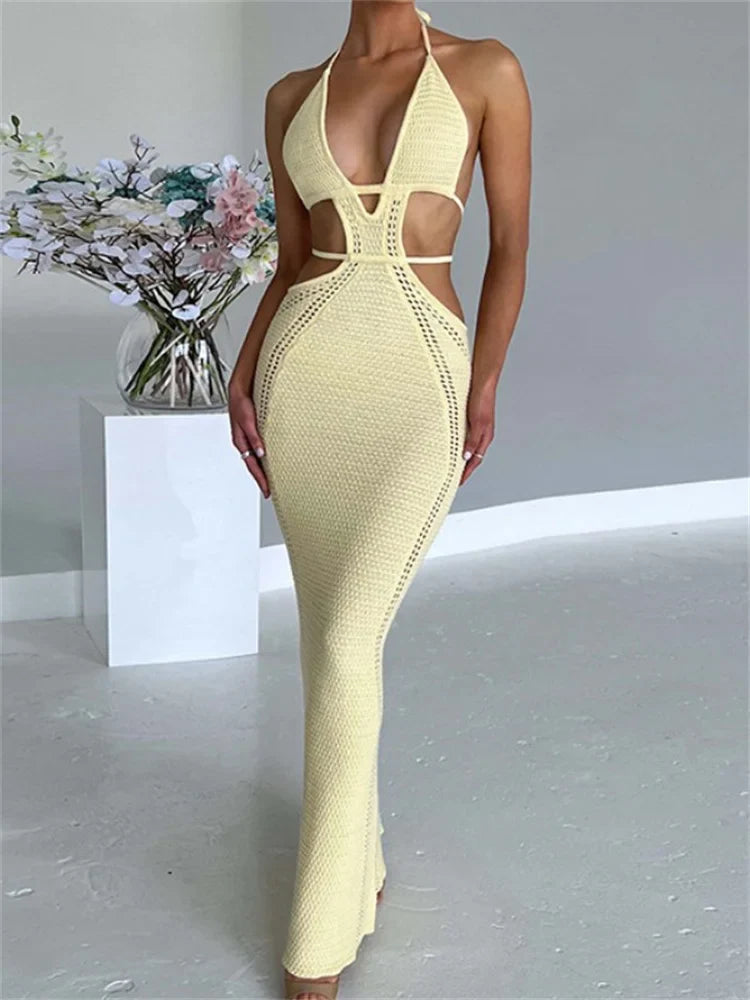 Women Sexy Knitted Cut Out Spaghetti Strap  Halter Backless Club Party Y2K Female Vestidos Streetwear