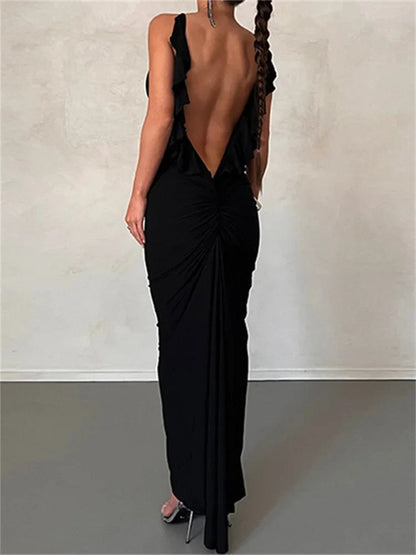 Women Sexy Spaghetti Strap Backless  Bodycon V-neck Ruffles Ruched Party Evening Clubwear Vestidos