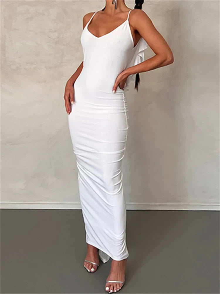 Women Sexy Spaghetti Strap Backless  Bodycon V-neck Ruffles Ruched Party Evening Clubwear Vestidos