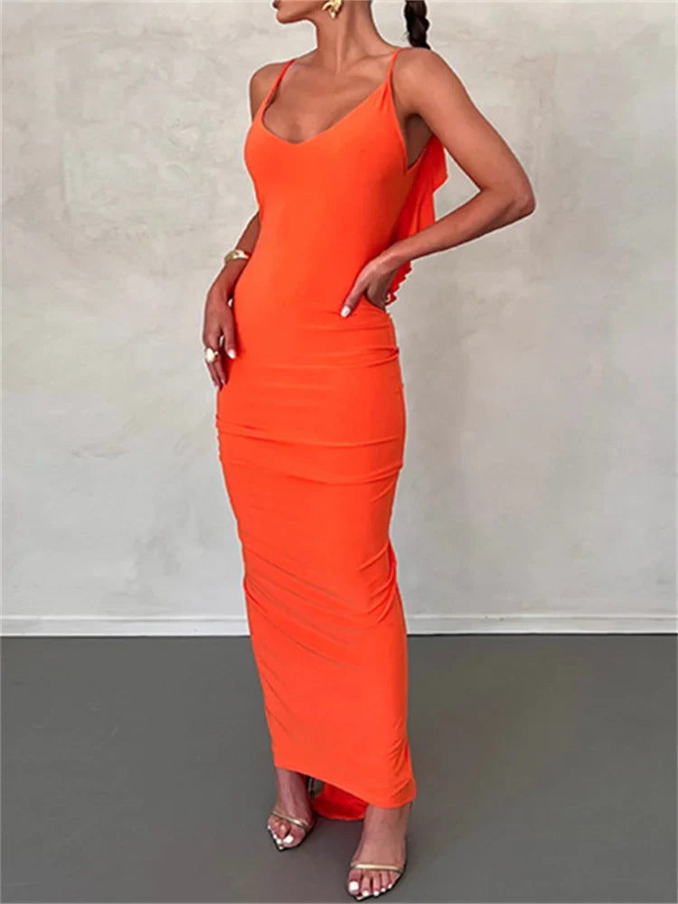 Women Sexy Spaghetti Strap Backless  Bodycon V-neck Ruffles Ruched Party Evening Clubwear Vestidos