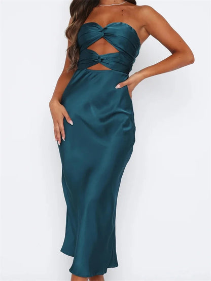 Women Sexy Strapless Backless  Low Cut Off Shoulder Tube Party Satin Female Vestidos Streetwear