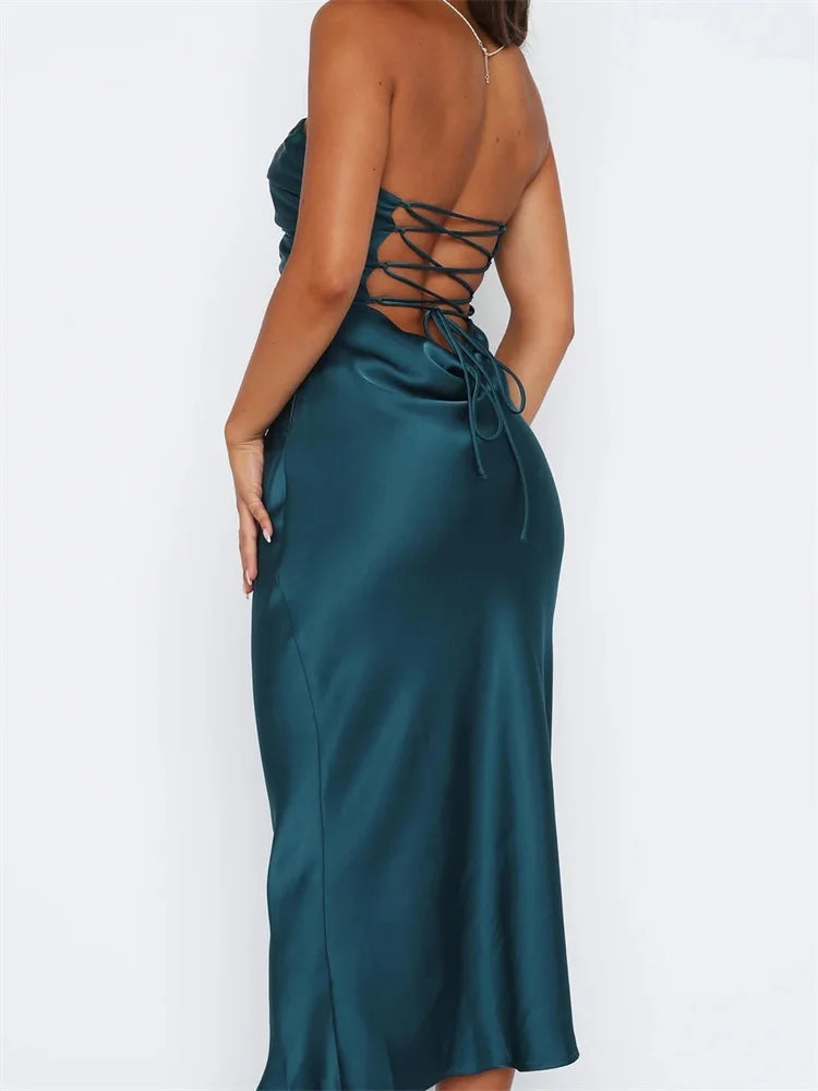 Women Sexy Strapless Backless  Low Cut Off Shoulder Tube Party Satin Female Vestidos Streetwear