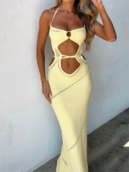 Women Sleeveless Halter Knitted  Solid Color Front Cutout Backless Tie-Up Slim Beach Summer Vestidos