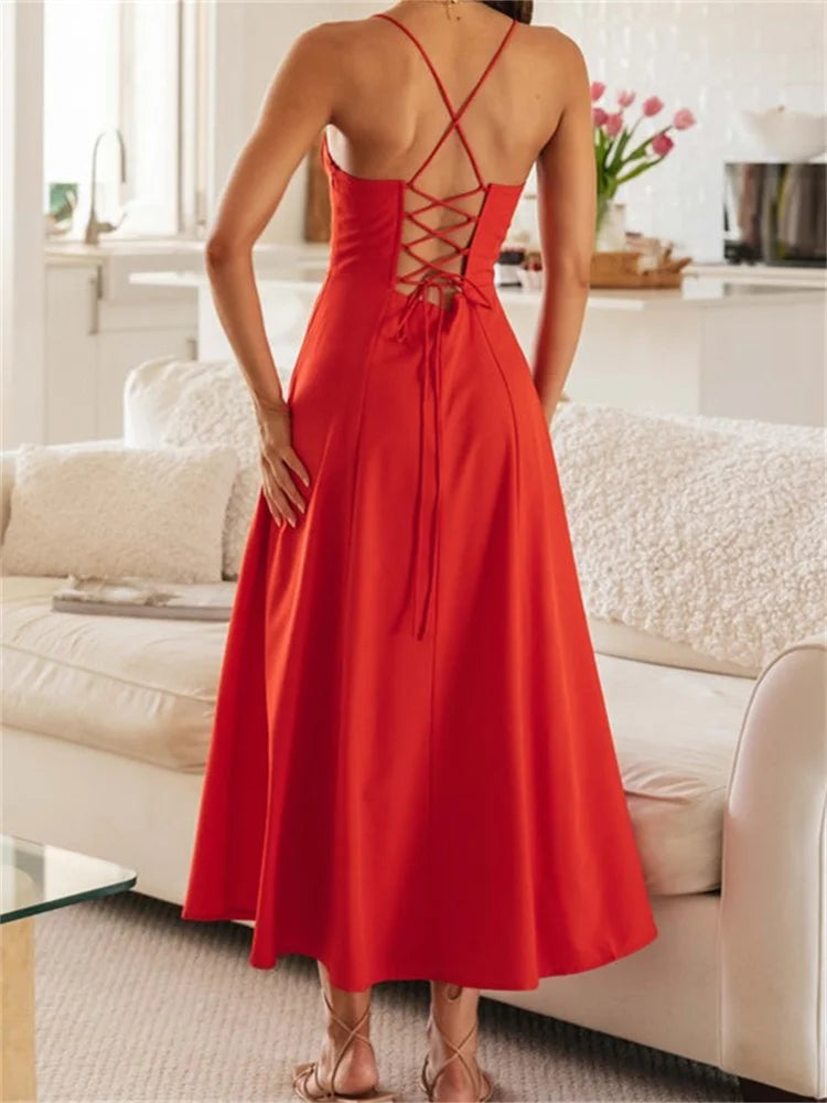 Women Sleeveless Strap  Ruched Tie-up Backless Criss-cross Hollow Out High Split Party Beach Vestidos