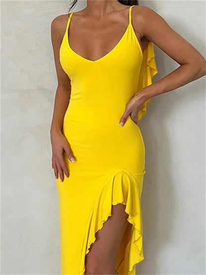 Women Spaghetti Strap Backless Ruffles  Sexy Slim Fit V Neck Sleeveless Strap Ruched Beach  Vestidos