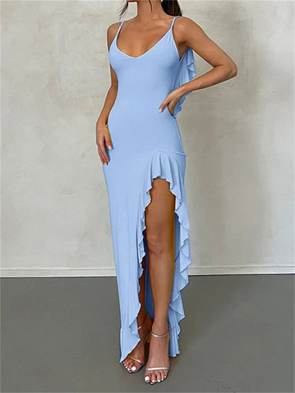 Women Spaghetti Strap Backless Ruffles  Sexy Slim Fit V Neck Sleeveless Strap Ruched Beach  Vestidos