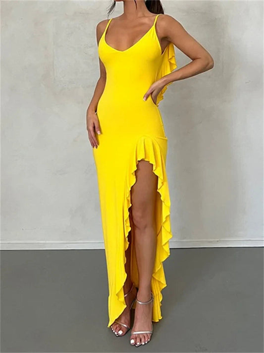 Women Spaghetti Strap Backless Ruffles  Sexy Slim Fit V Neck Sleeveless Strap Ruched Beach  Vestidos