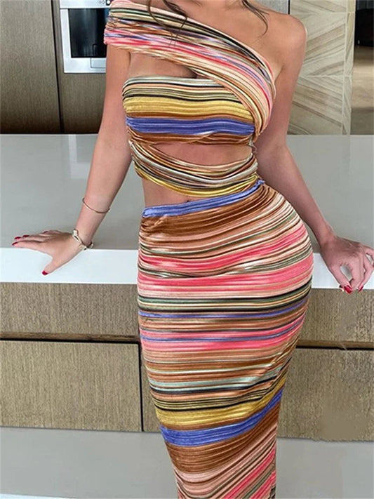 Women Striped Bodycon Summer Irregular Cutout One Shoulder Sleeveless Beach Party for Club Streetwear New