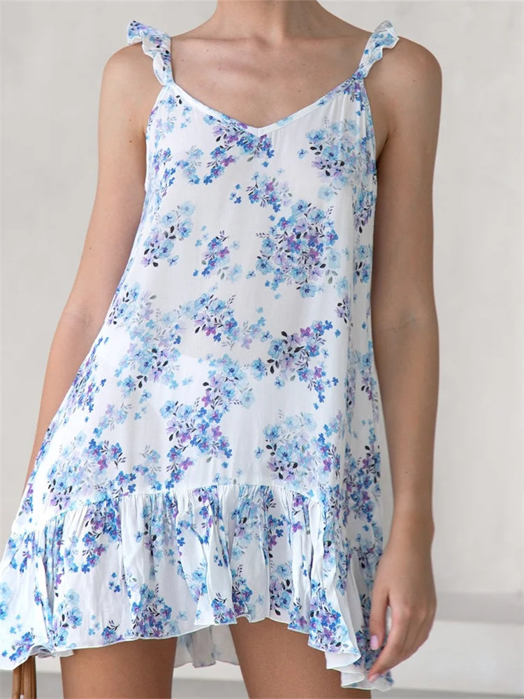 Summer Casual Camis Floral Print V Neck Mini Dress