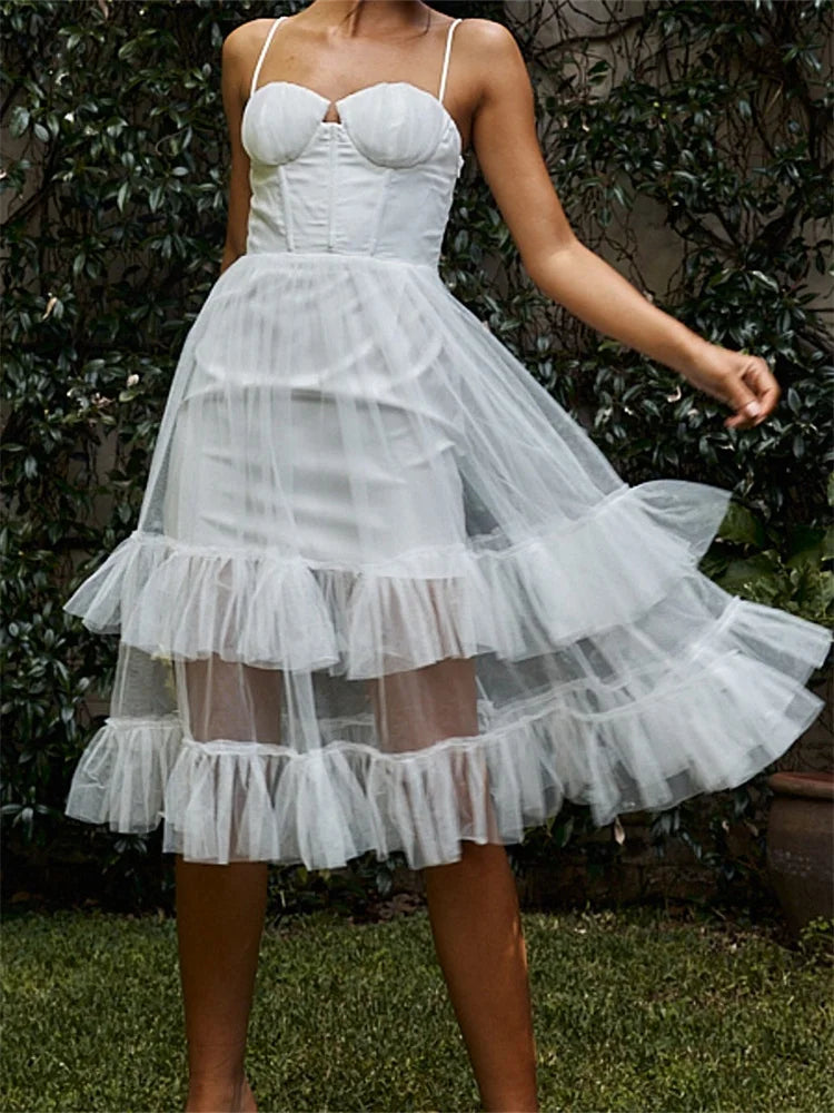 Women Summer  Solid Color Sleeveless Strap Summer Layered Tulle Ruffles Backless Party Vestidos