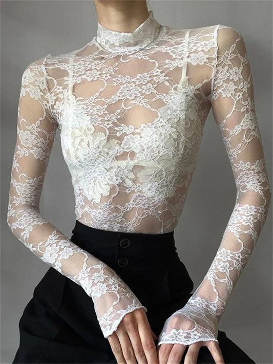 See Through Crop Top Long Sleeve High Neck Lace Floral Slim Fit T-shirts