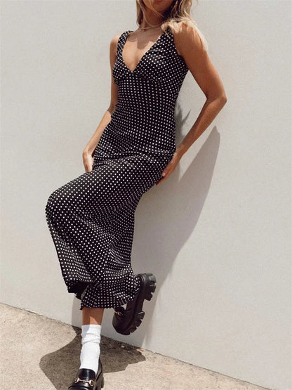 Women Summer Slim  Tank Dot Print Sleeveless Deep V-Neck Bodycon Ankle Length Female Vestidos