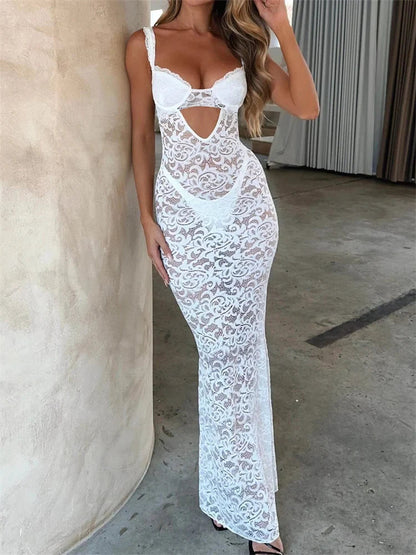 Women Summer V-neck  Sleeveless Strap Backless Mesh See Through Lace Floral Hollow Out Party  New