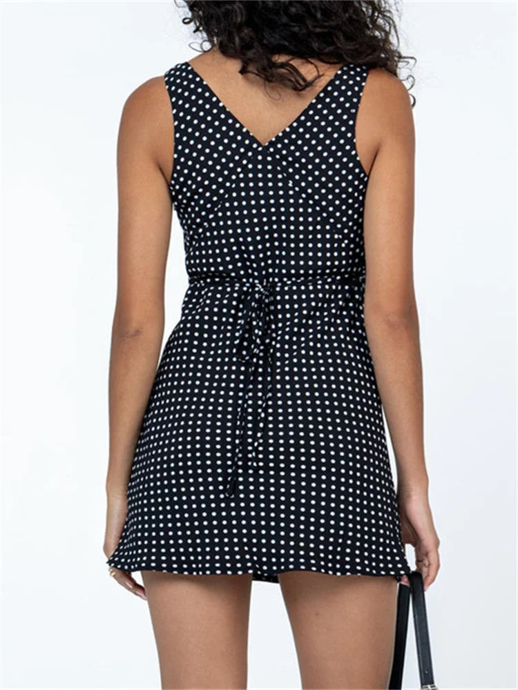 Tank Sleeveless Deep V Neck Dot Print Casual Mini Dress