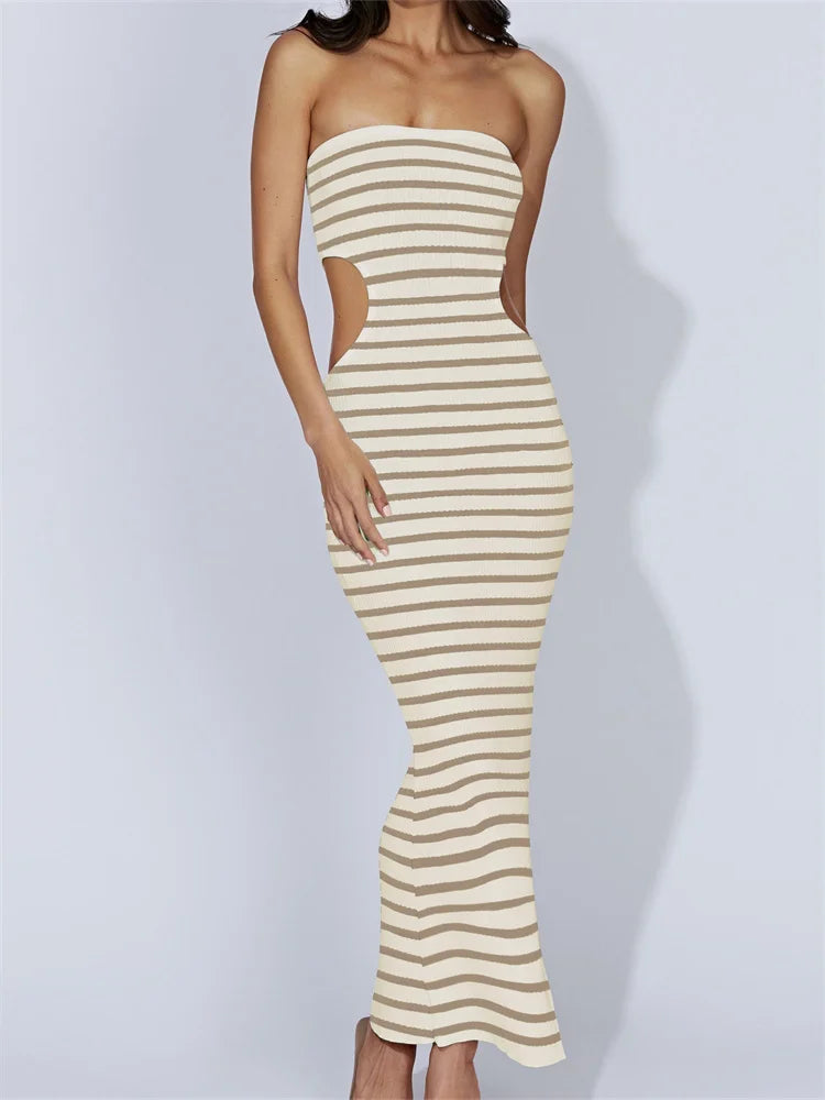 Women Tube Strapless Off Shoulder Cutout Solid Color/Striped Print Knitted  Summer Beach Vestido