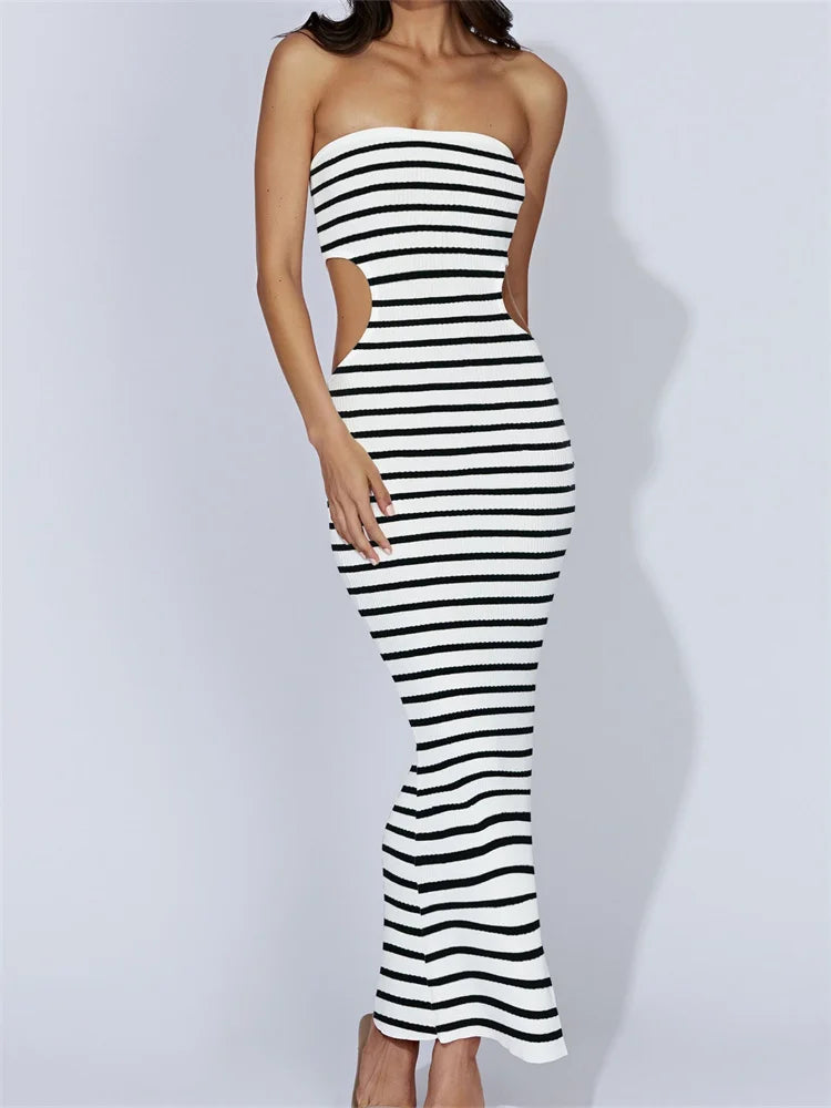 Women Tube Strapless Off Shoulder Cutout Solid Color/Striped Print Knitted  Summer Beach Vestido