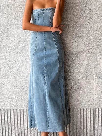 Women Tube  Strapless Backless Denim Back Zip Up Summer Side Split Club Party Female Vestidos