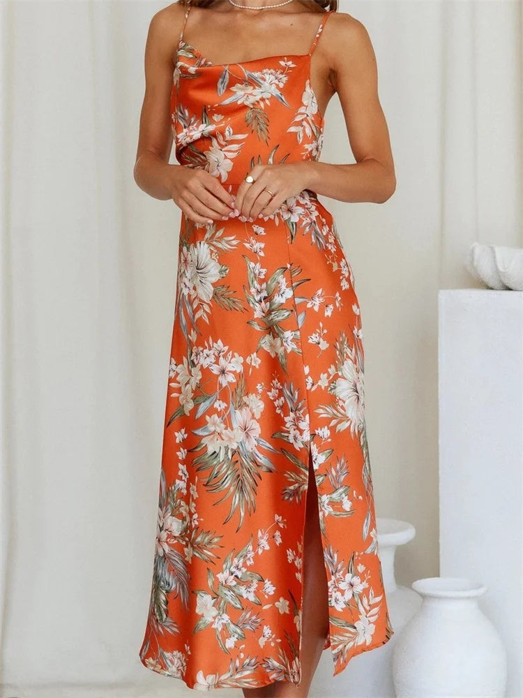 Women V-neck Floral Print Sleeveless Strap Side Split   for Party Club Wedding Night Female Vestidos