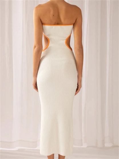 Women Waist Hollow Out Tube  Strapless Off Shoulder Contrast Color Ribbed Summer Party Clubwear