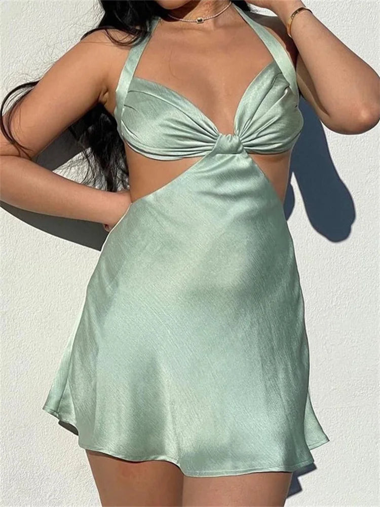 Spaghetti Strap Backless Satin Halter Hollow Out Mini Dress