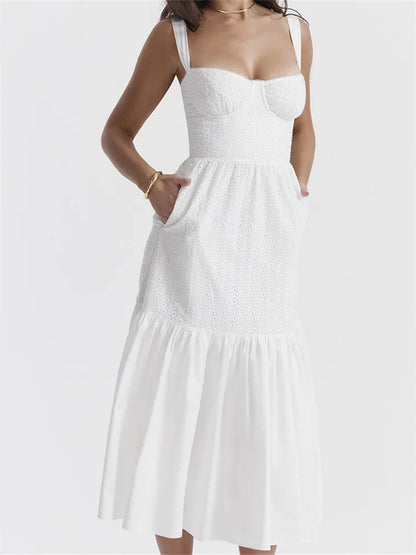 Y2K Square Neck Lace  for Women Low Cut Sleeveless Spaghetti Strap White Summer Female Vestidos