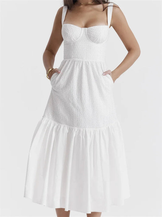 Y2K Square Neck Lace  for Women Low Cut Sleeveless Spaghetti Strap White Summer Female Vestidos