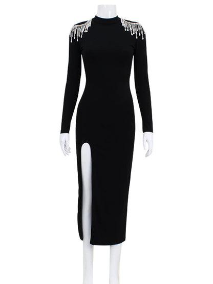 Beading Split Sexy Club Women Dresses Half High Neck Long Sleeve Christmas Party Dress