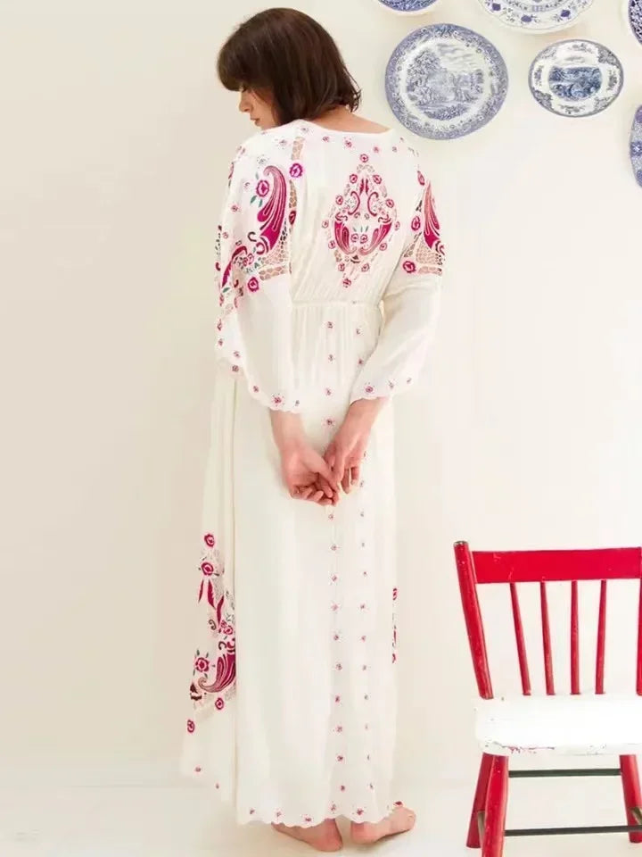 V-neck Embroidery Flower Retro National Boho Dress