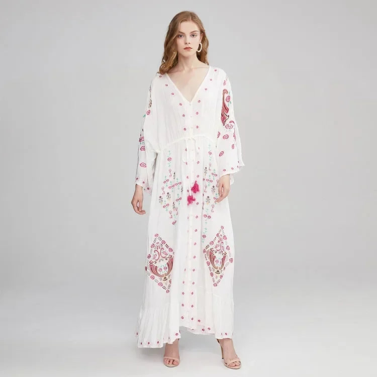 V-neck Embroidery Flower Retro National Boho Dress