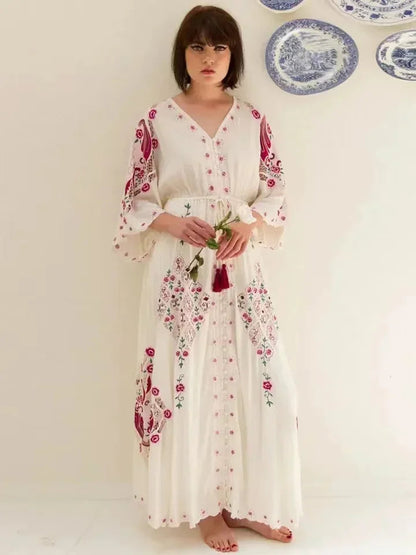 V-neck Embroidery Flower Retro National Boho Dress