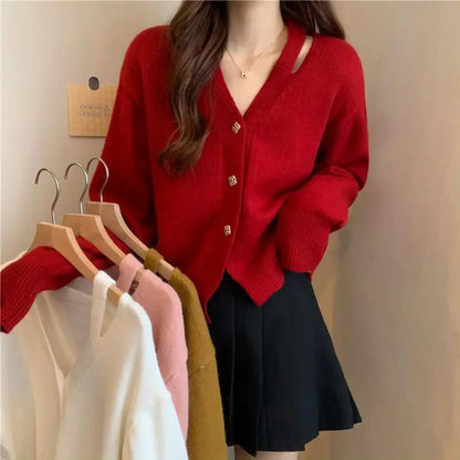 New V-Neck Button Red Knit Tops Stylish Knitwear Christmas Sweater