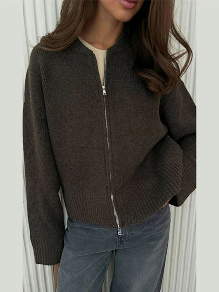 O-neck Zipper Loose Knit Cardigan