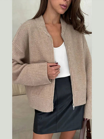 O-neck Zipper Loose Knit Cardigan