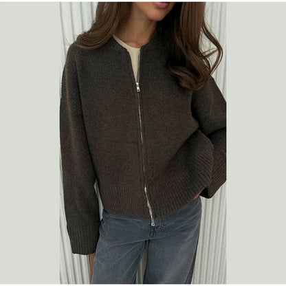 O-neck Zipper Loose Knit Cardigan