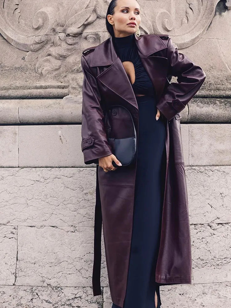 Wine Red Belted Lapel Double Breasted Coat