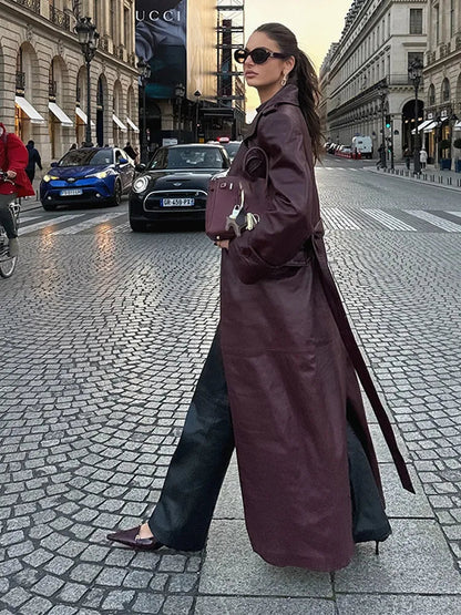 Wine Red Belted Lapel Double Breasted Coat