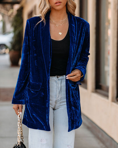 Blue Velvet Blazer with Pockets