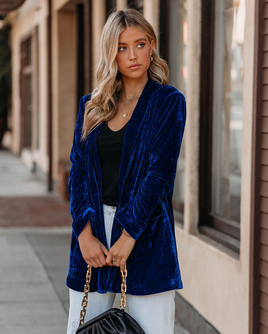 Blue Velvet Blazer with Pockets