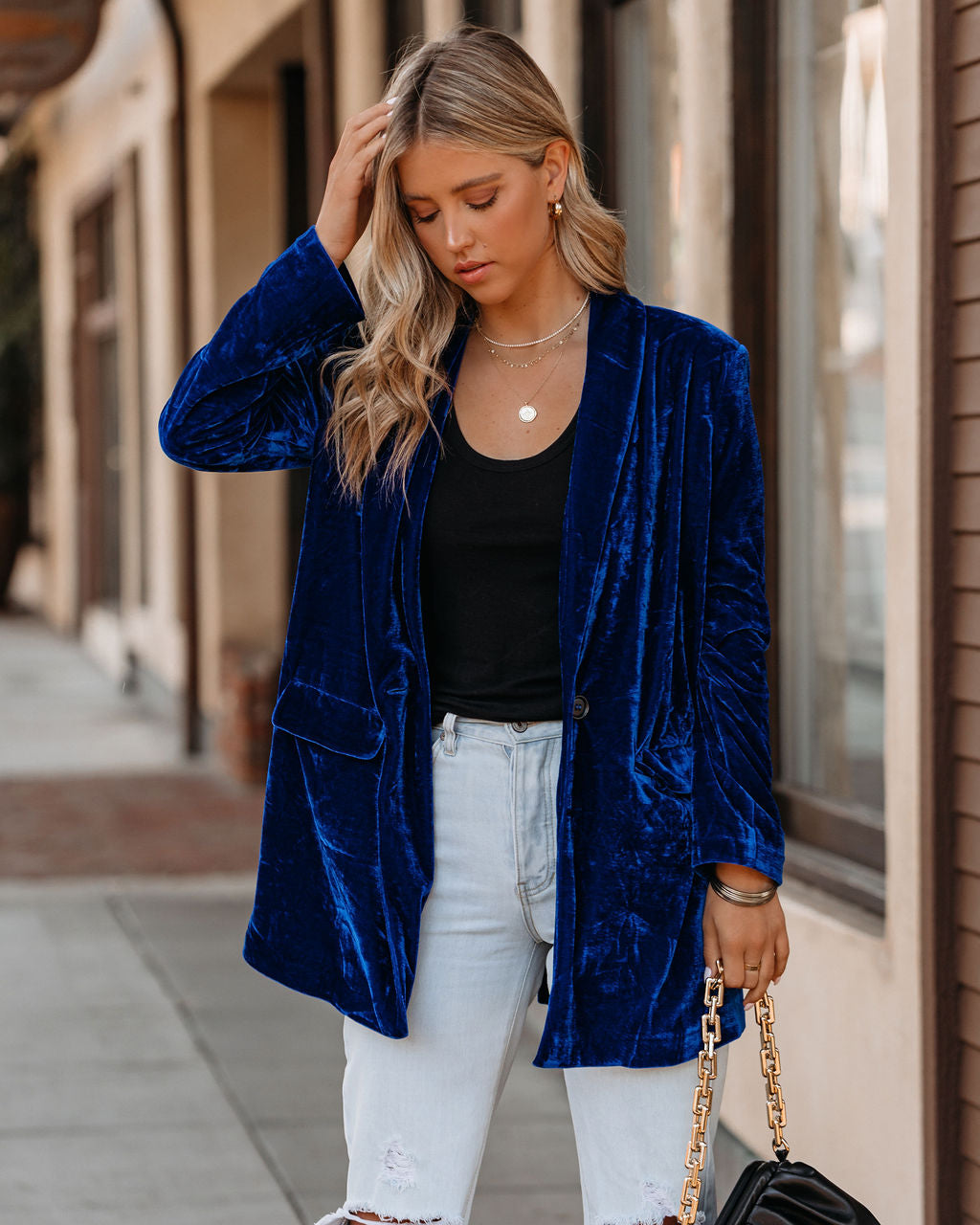 Blue Velvet Blazer with Pockets