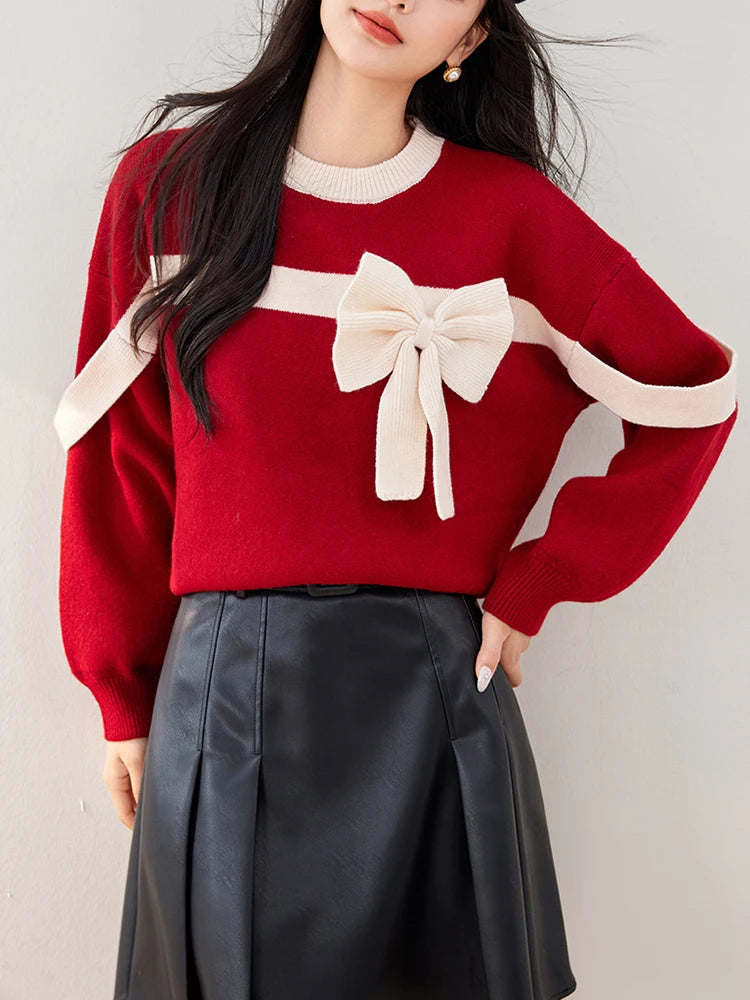 Oversized Red Bow Winter Patchwork Soft Long Sleeve Christmas Sweater