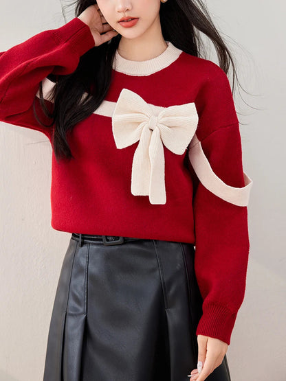 Oversized Red Bow Winter Patchwork Soft Long Sleeve Christmas Sweater