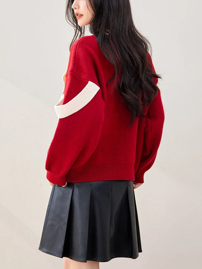 Oversized Red Bow Winter Patchwork Soft Long Sleeve Christmas Sweater